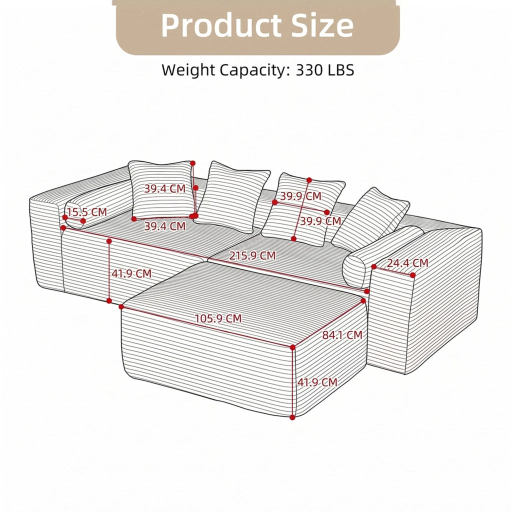 Divano angolare modulare 3 pezzi con chaise longue; imbottitura in schiuma e molle; beige