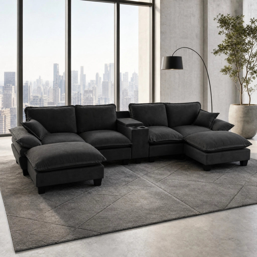 Divano modulare 362x155x90 cm con contenitori e porte USB in ciniglia nero