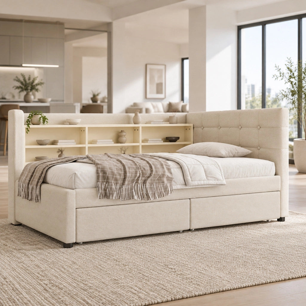Letto da giorno 90x200 beige in lino con 2 cassetti, USB-C e materasso