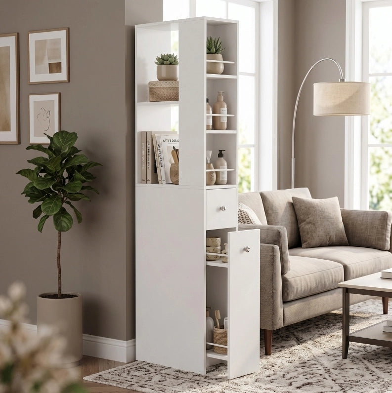 Mobile bagno alto compatto 135 cm in MDF laccato bianco con 2 cassetti, 2 mensole laterali e 3 scomparti