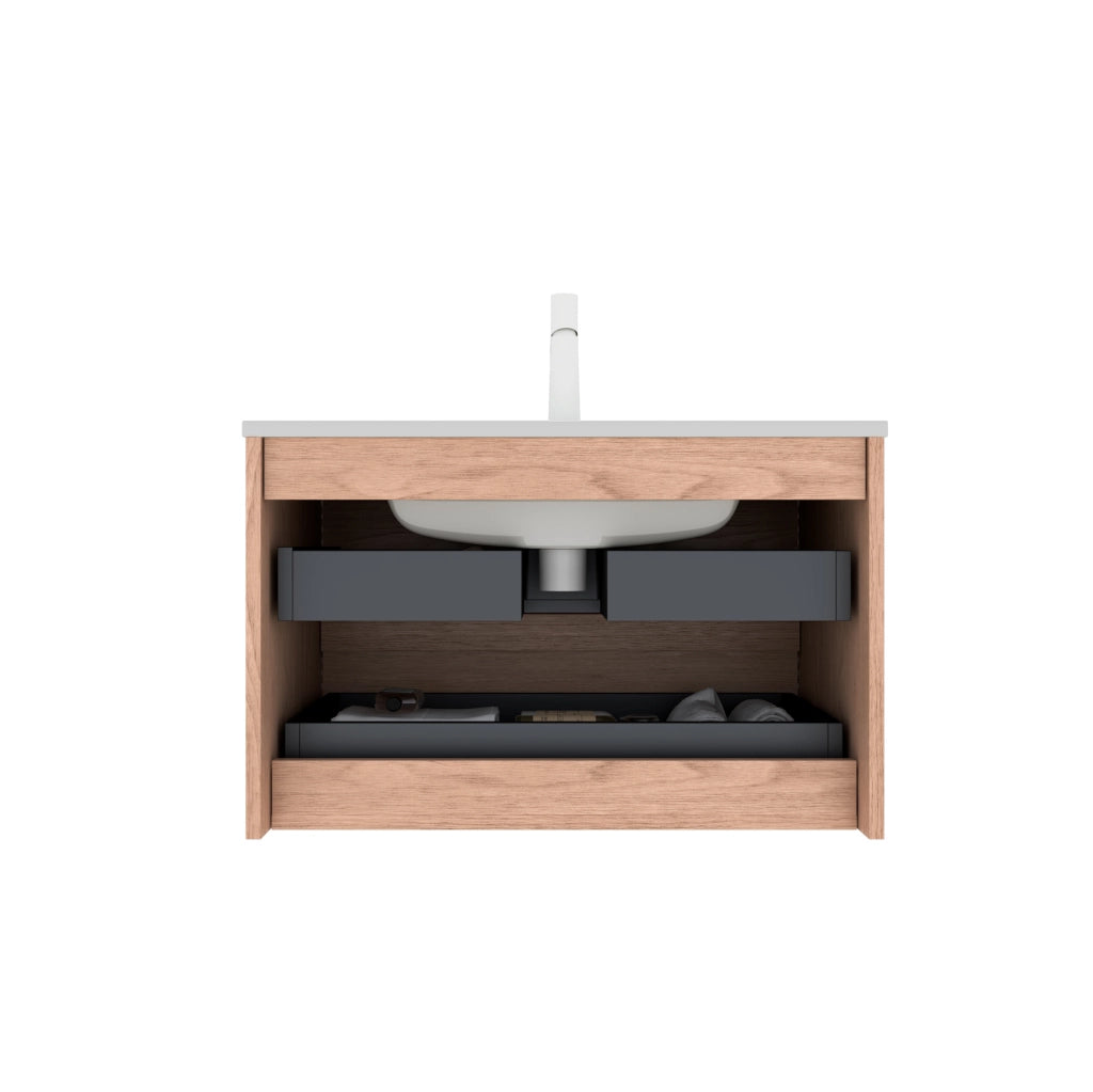 Mobile lavabo bagno sospeso 81 cm ceramica bianca e compensato noce, 2 cassetti