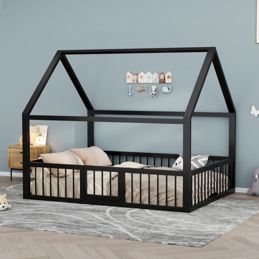 Letto a casetta nero 140 x 200 cm in metallo