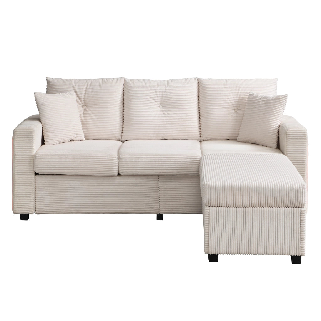 Divano 3 posti con pouf 98x51 cm e LED controllabili tramite app; modulare a L; velluto a coste beige