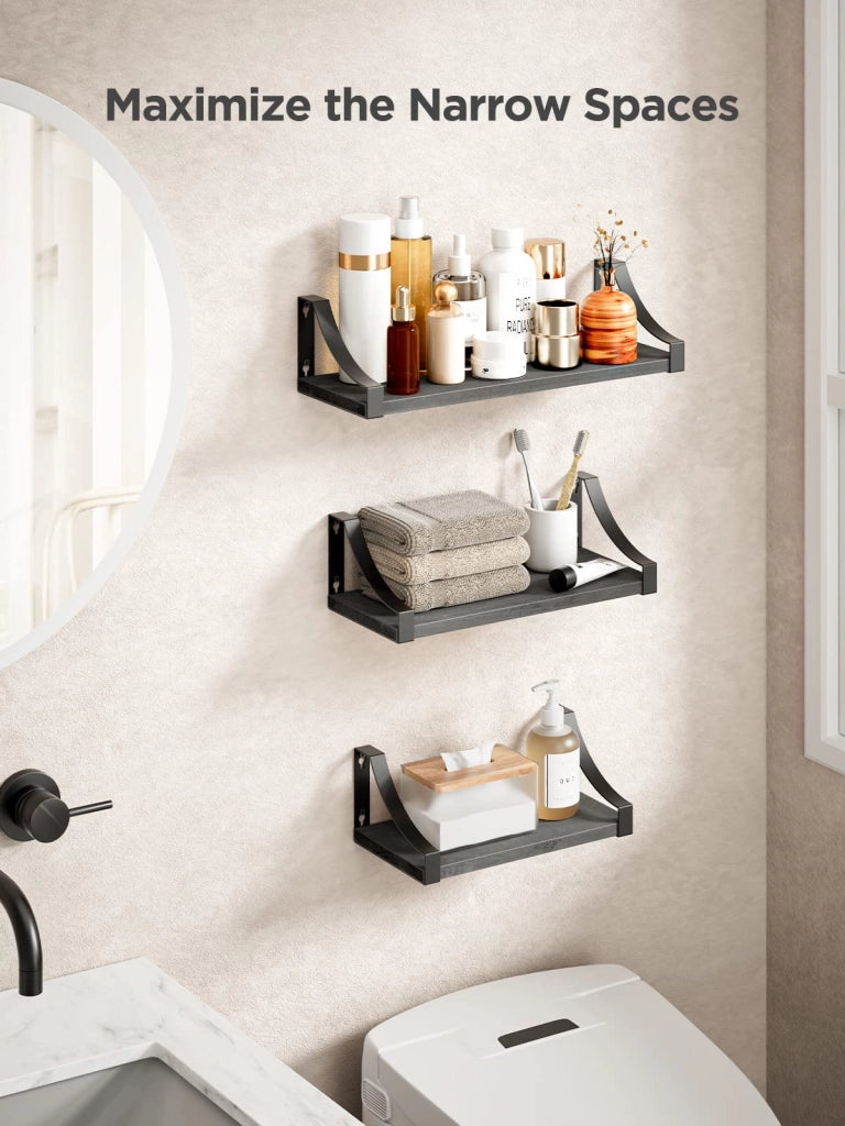 Mensole sospese, set di 3, legno rustico, colore nero, da montare a parete