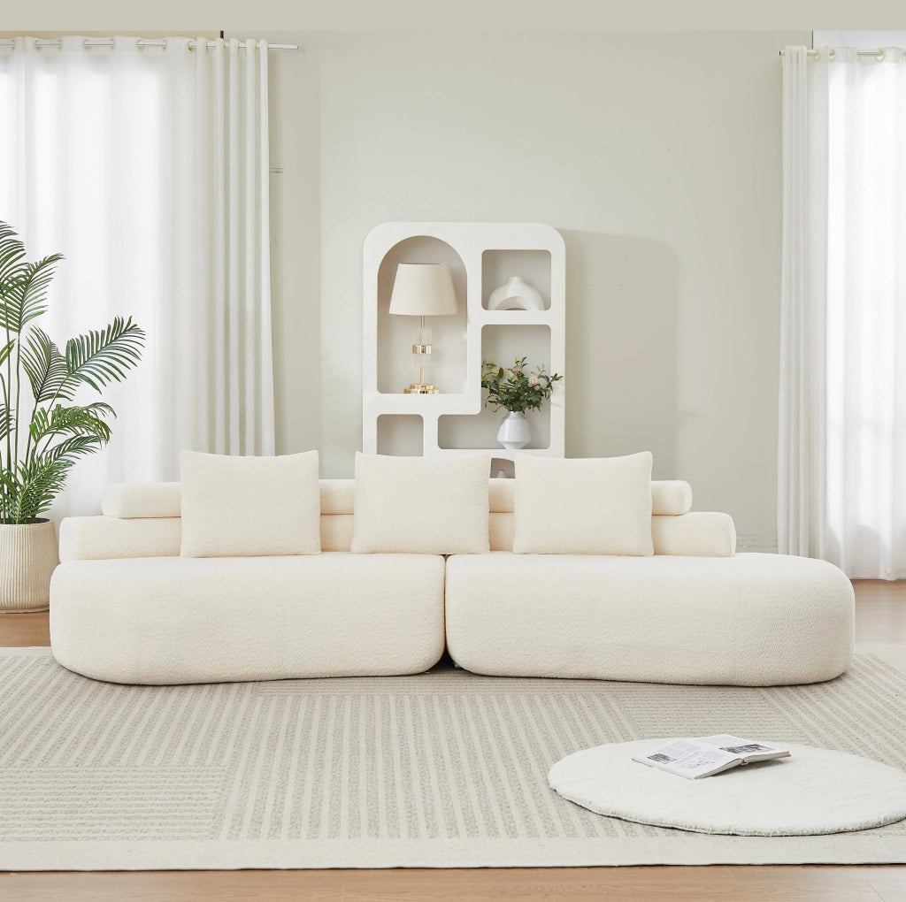 Divano modulare in ciniglia beige a 2 elementi con 3 cuscini