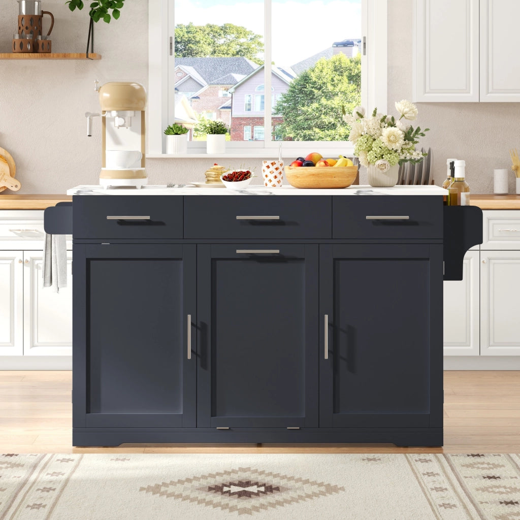 Isola da cucina mobile con piano ribaltabile 3 cassetti prese USB ruote bloccabili armadio per rifiuti MDF grigio