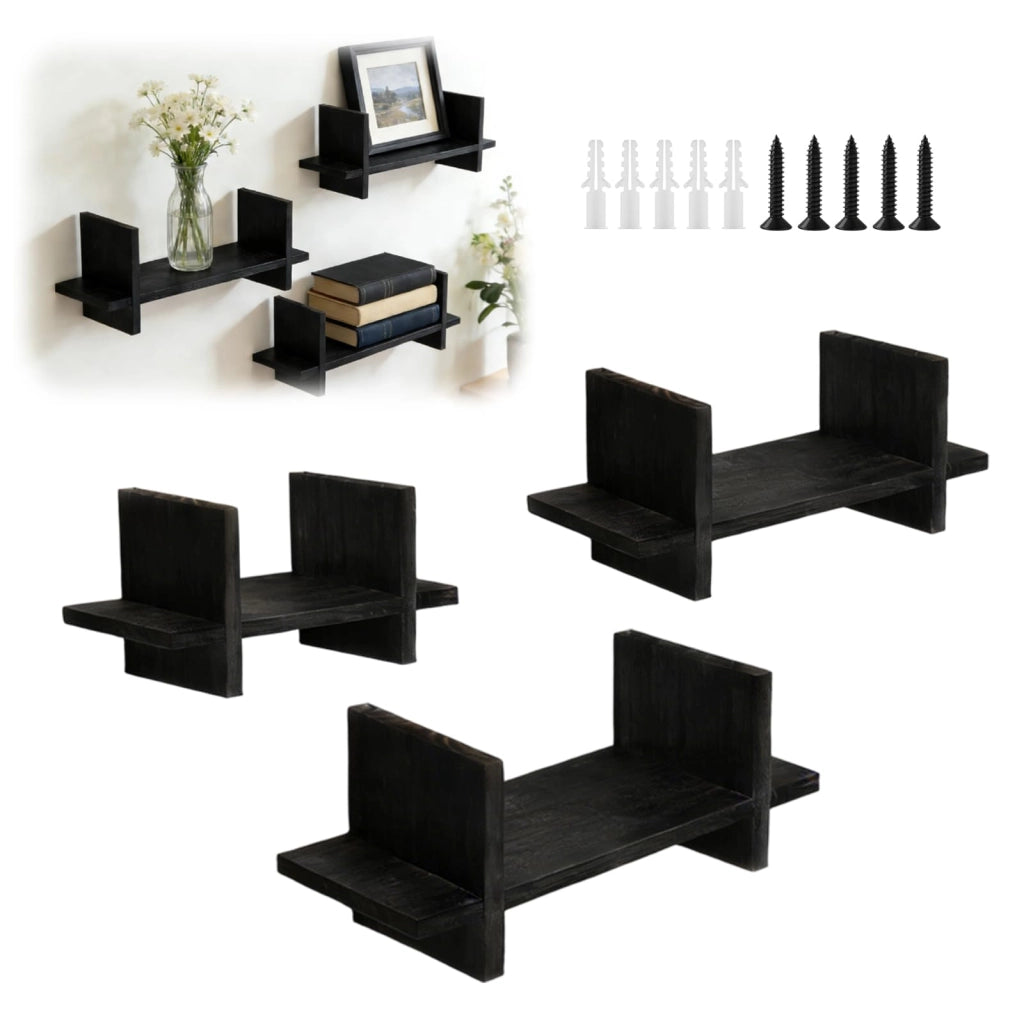 Set di 3 mensole sospese in legno, colore nero