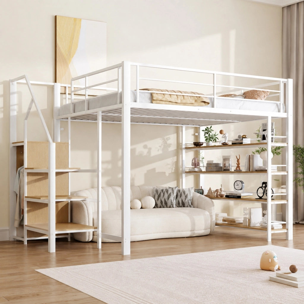 Letto a soppalco 140 × 200 cm con scala contenitore in MDF e metallo bianco armadio e ripiani per cameretta