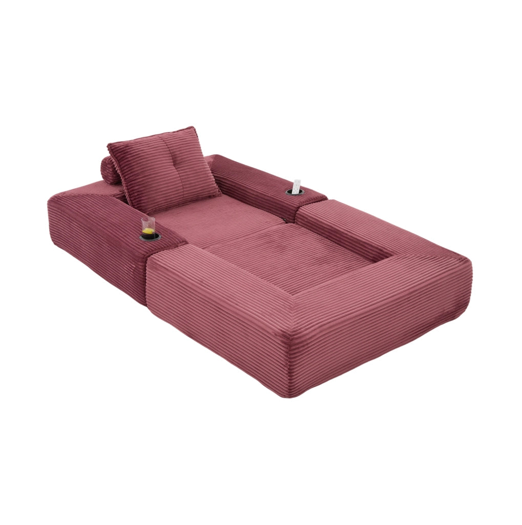 Divano letto pieghevole IVMEU 122 cm in velluto a coste rosso vino, con braccioli rimovibili e portabicchieri