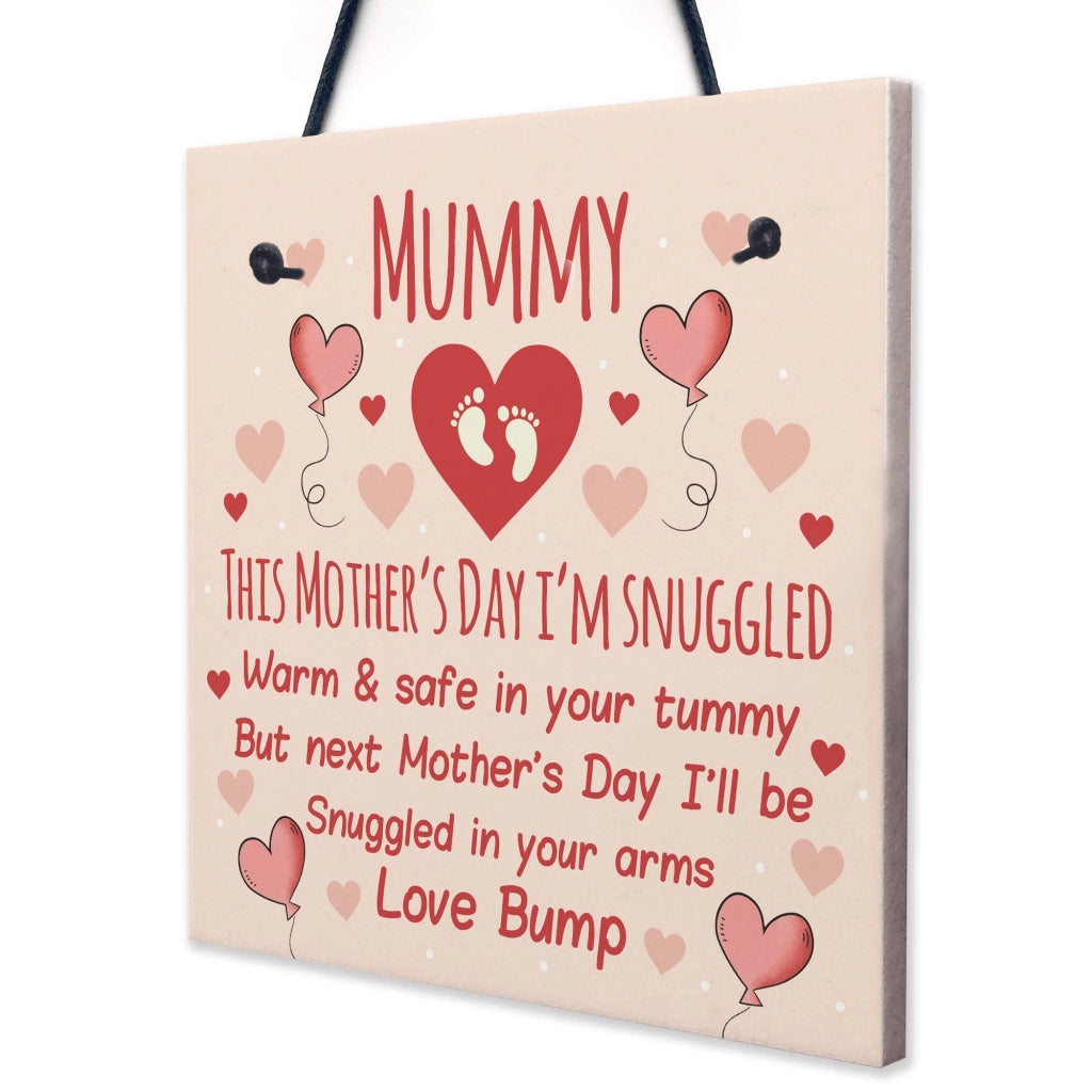 Biglietto per la festa della mamma con immagine di un pancione, formato 100 x 100 mm, colore rosa, materiale: plastica