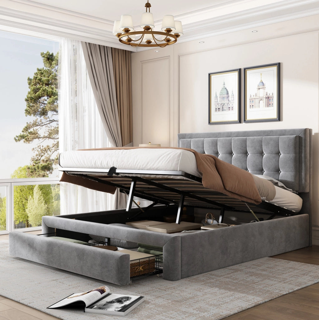 Letto contenitore 140 × 190 cm con testiera regolabile; velluto grigio