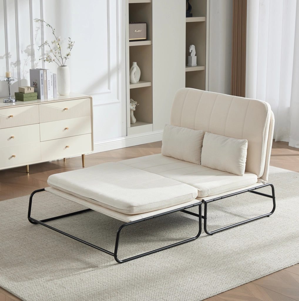 Divano letto a due posti in ciniglia beige con tasche laterali