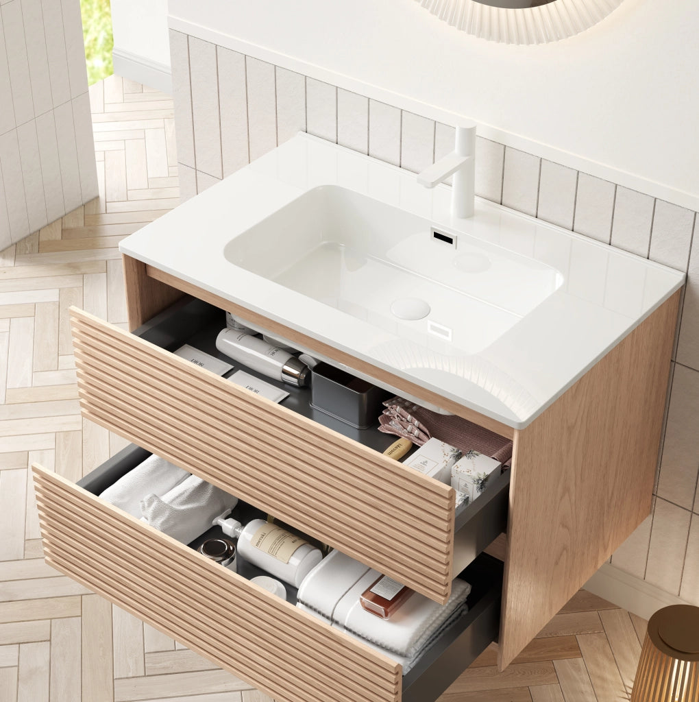 Mobile lavabo bagno sospeso 81 cm ceramica bianca e compensato noce, 2 cassetti