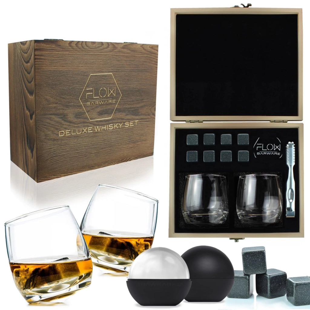 Set di bicchieri da whisky in stile rustico con decorazioni in pietra, 2 bicchieri da 300 ml, confezione regalo in legno