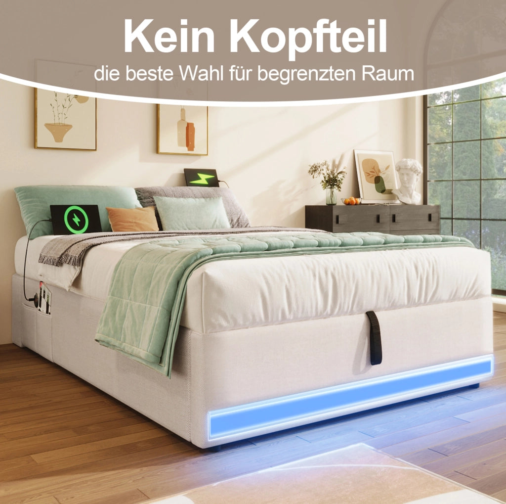 Letto imbottito 90x200 cm in lino con LED, porte USB e Type-C, contenitore idraulico, beige