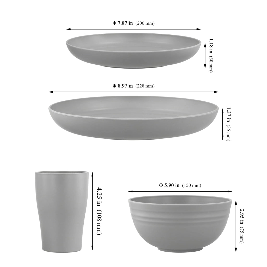 Set di stoviglie in plastica, 32 pezzi, colore grigio, adatto al microonde