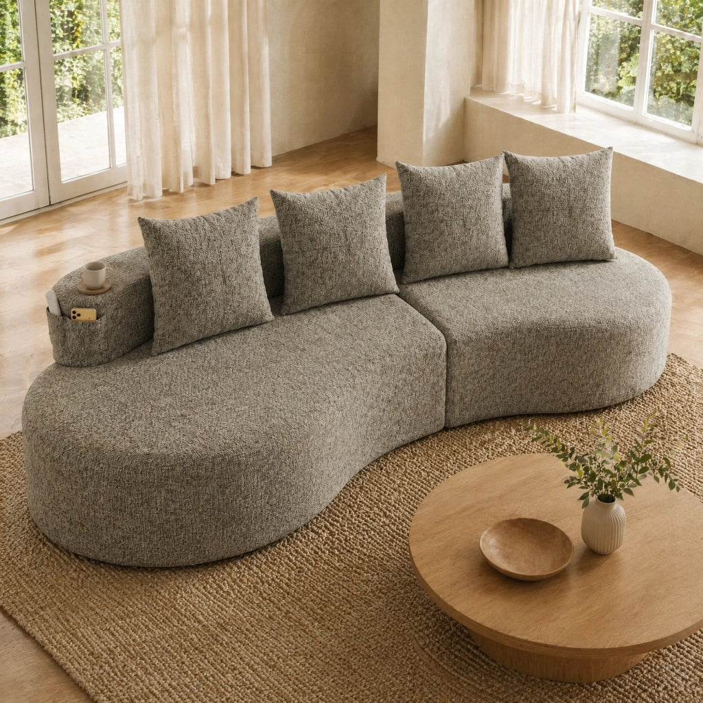 Divano 4 posti 240x109x63 cm in lino kaki con portabicchieri e tasche laterali