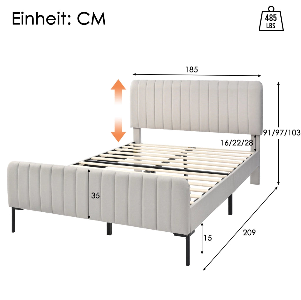 Letto matrimoniale imbottito 180x200 cm con rete a doghe e testiera regolabile in lino grigio-beige