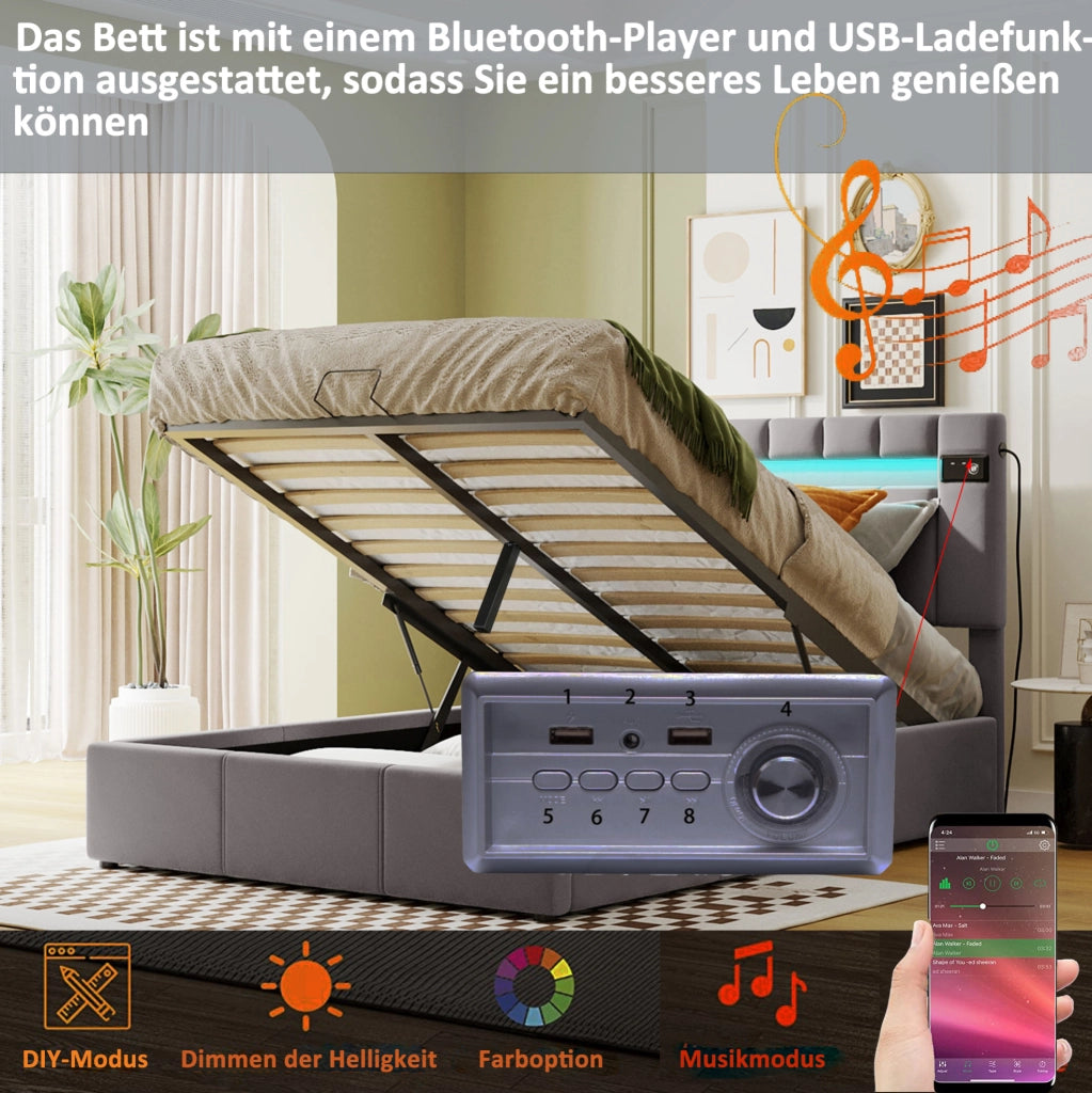 Letto imbottito con contenitore idraulico; LED; Bluetooth e 2 porte USB; 203 × 145 × 101 (106) cm; grigio