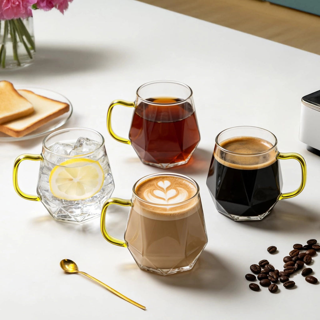 2 bicchieri per caffè da 300 ml, in vetro borosilicato, design a diamante, con manico