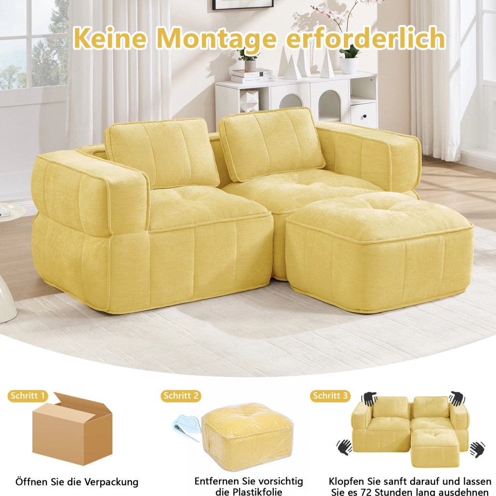 Divano modulare giallo a due posti con pouf in poliestere