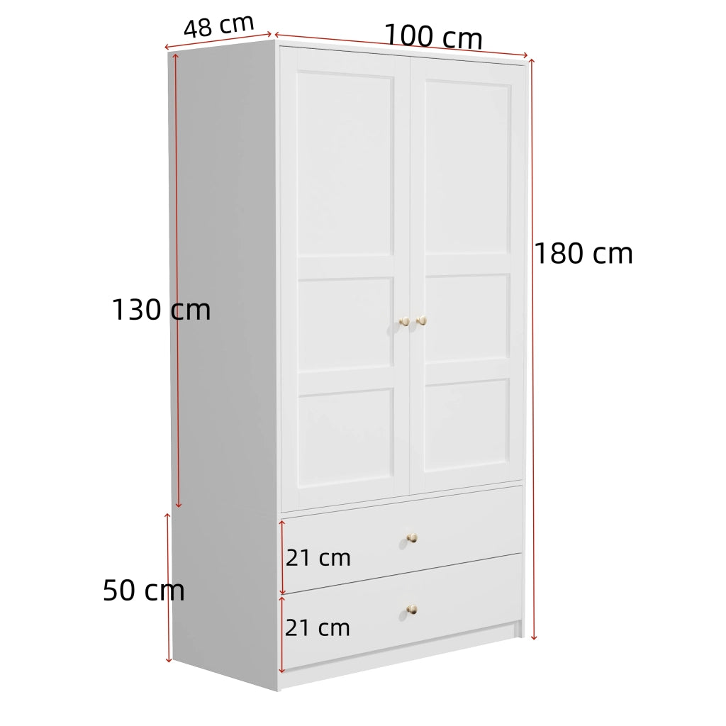 Armadio 2 ante 2 cassetti e asta appendiabiti per camera in MDF 100 x 48 x 180 cm bianco