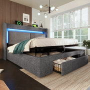 Letto matrimoniale 160 × 200 cm contenitore idraulico in lino grigio con LED USB e USB-C testiera con vani