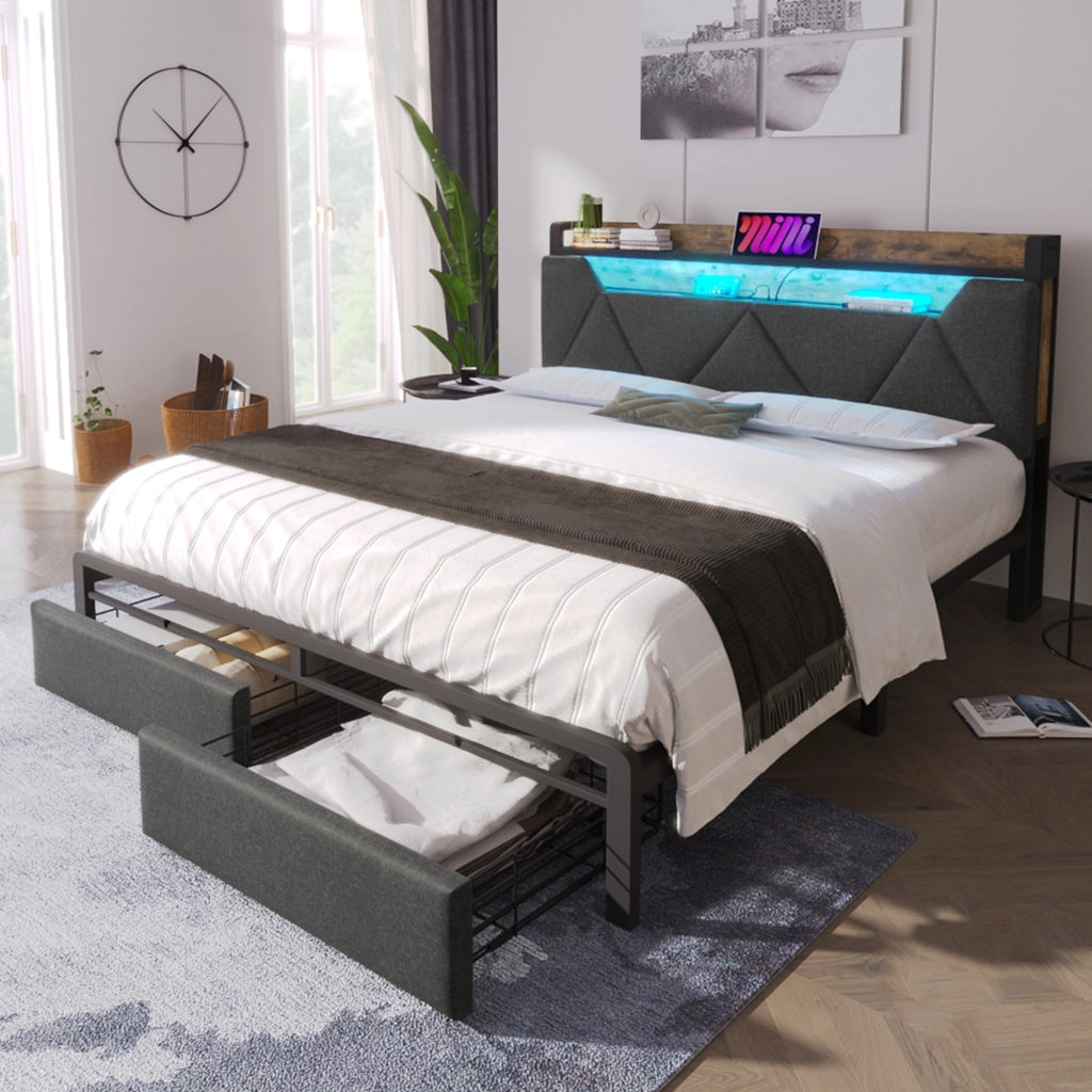 Letto con cassetti 140 ¡Á 200 cm con testiera contenitore LED; porte USB e Type-C; rivestito in lino grigio