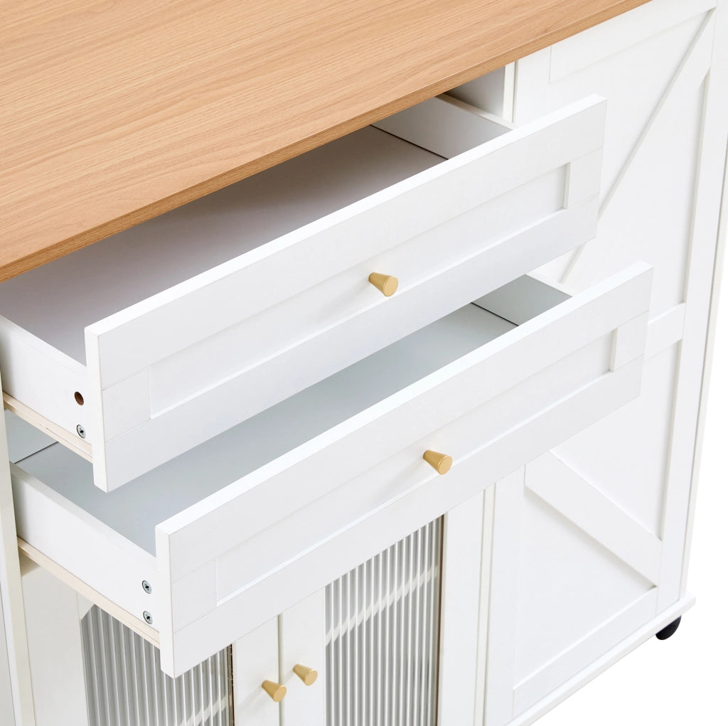Isola da cucina mobile 110 cm con piano lavoro ribaltabile, carrello su ruote con 2 cassetti, ante in vetro e ripiani laterali, bianco e naturale
