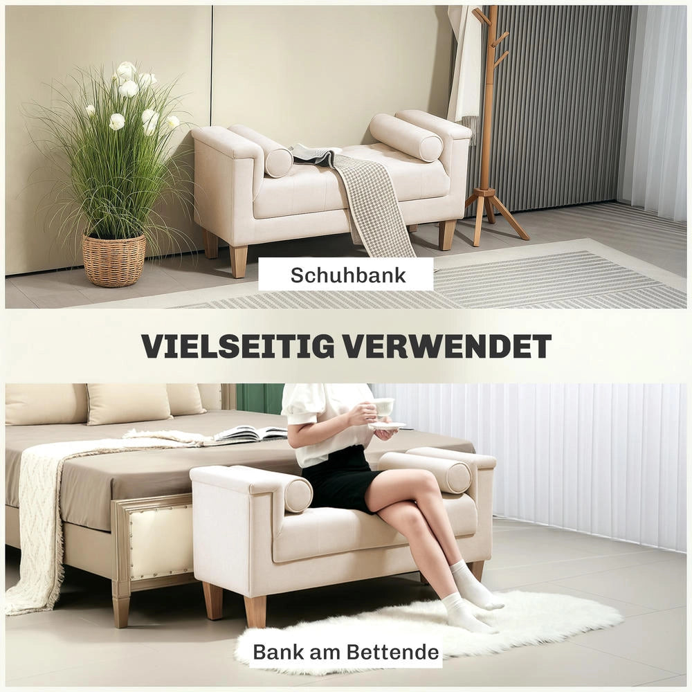 Panca Imbottita Vintage in Ciniglia Beige con 2 Cuscini e Braccioli per Ingresso e Camera da Letto 115 x 44 x 58 cm