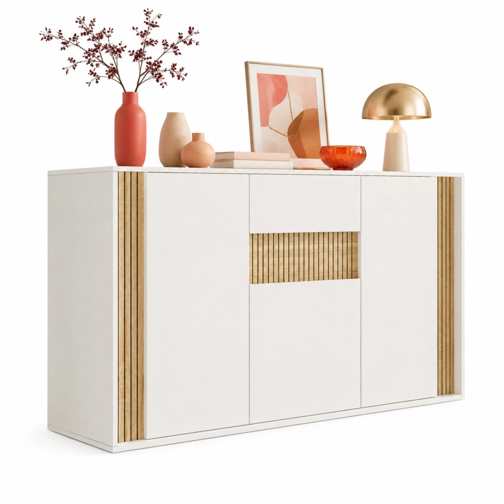 Credenza bianca e naturale 140 cm con 3 ante, cassetto e LED