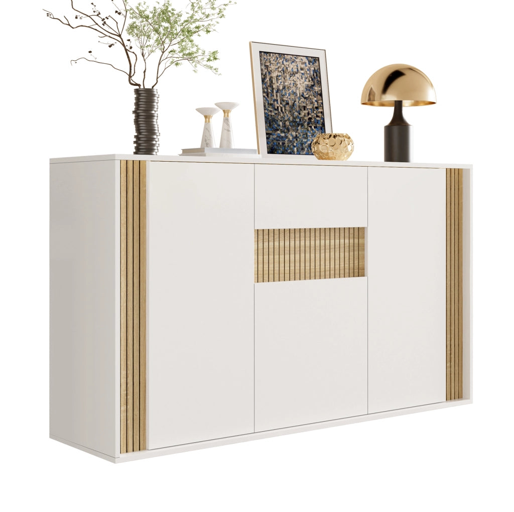 Credenza bianca e naturale 140 cm con 3 ante, cassetto e LED