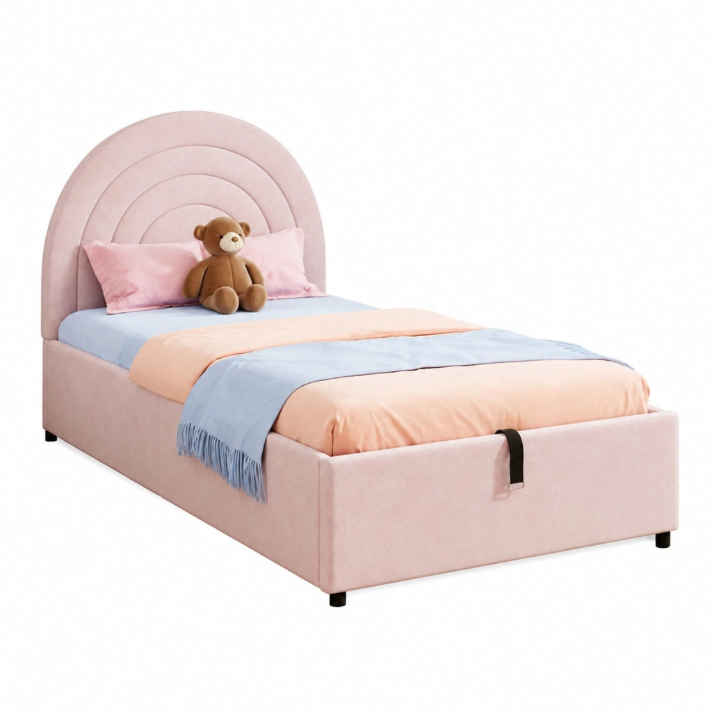 Letto 90x200 cm con contenitore idraulico in velluto rosa
