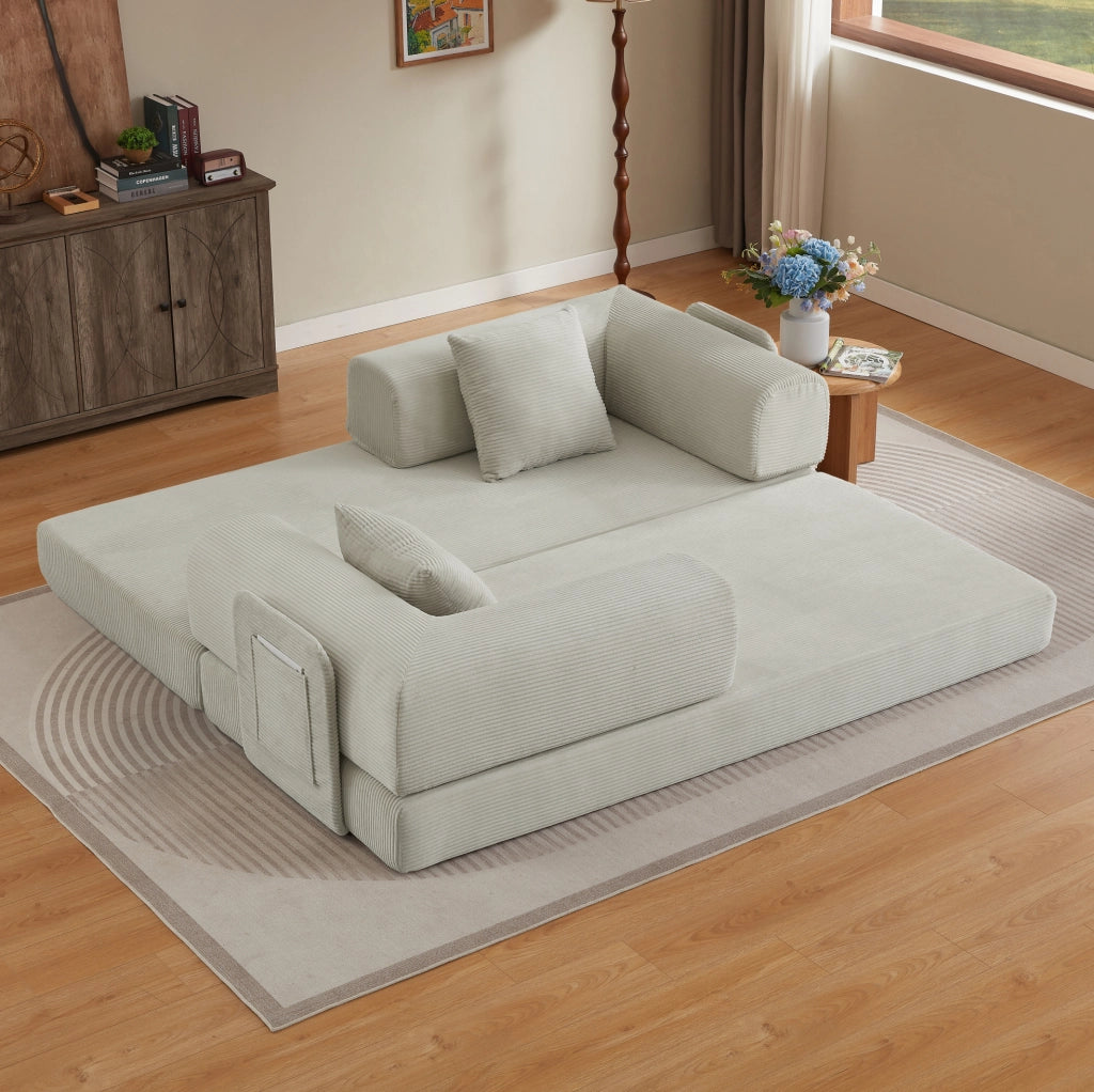 Divano letto pieghevole beige in schiuma con rivestimento in velluto a coste