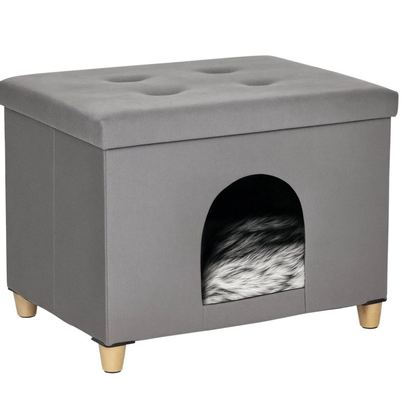 Cuccia per gatto 2 in 1 60 x 45 x 44,5 cm in MDF grigio, pouf sfoderabile imbottito