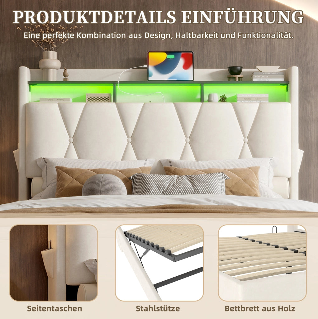 Letto contenitore 160x200 beige in velluto con LED, USB, Type-C e materasso