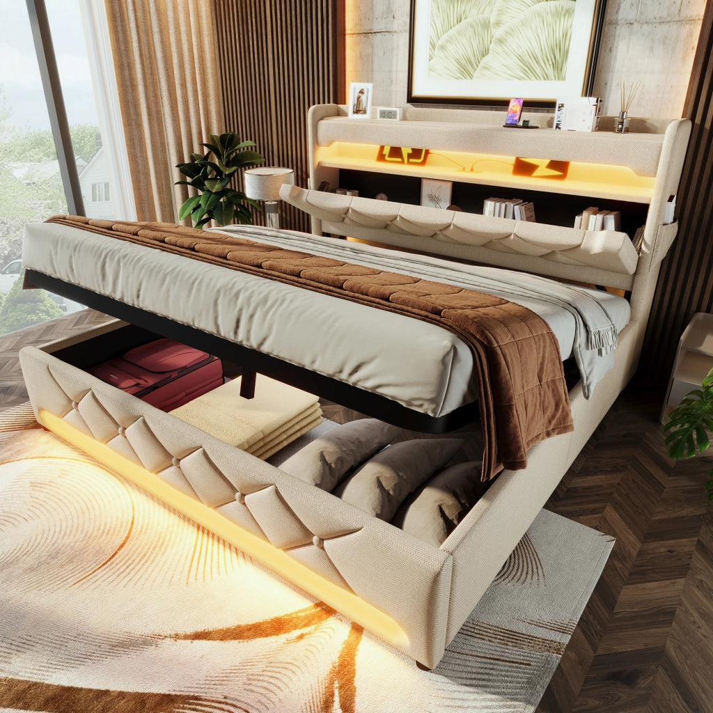 Letto matrimoniale con contenitore 140 ¡Á 200 cm testiera con USB e Type-C LED a 360¡ã rivestito in lino grigio