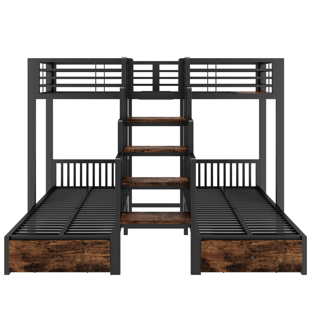 Letto a castello triplo 90 x 200 cm in metallo e legno nero con scala e 2 cassetti