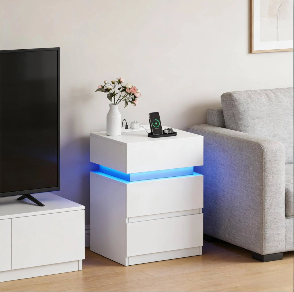Comodino con LED regolabile; prese e USB; 2 cassetti; bianco 40x35x55 cm