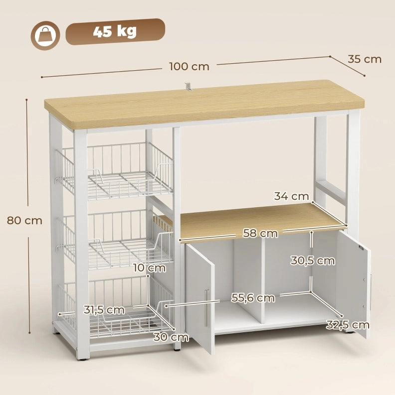 Mobile cucina con 3 cestelli e armadietto, rovere, 100x35x80 cm