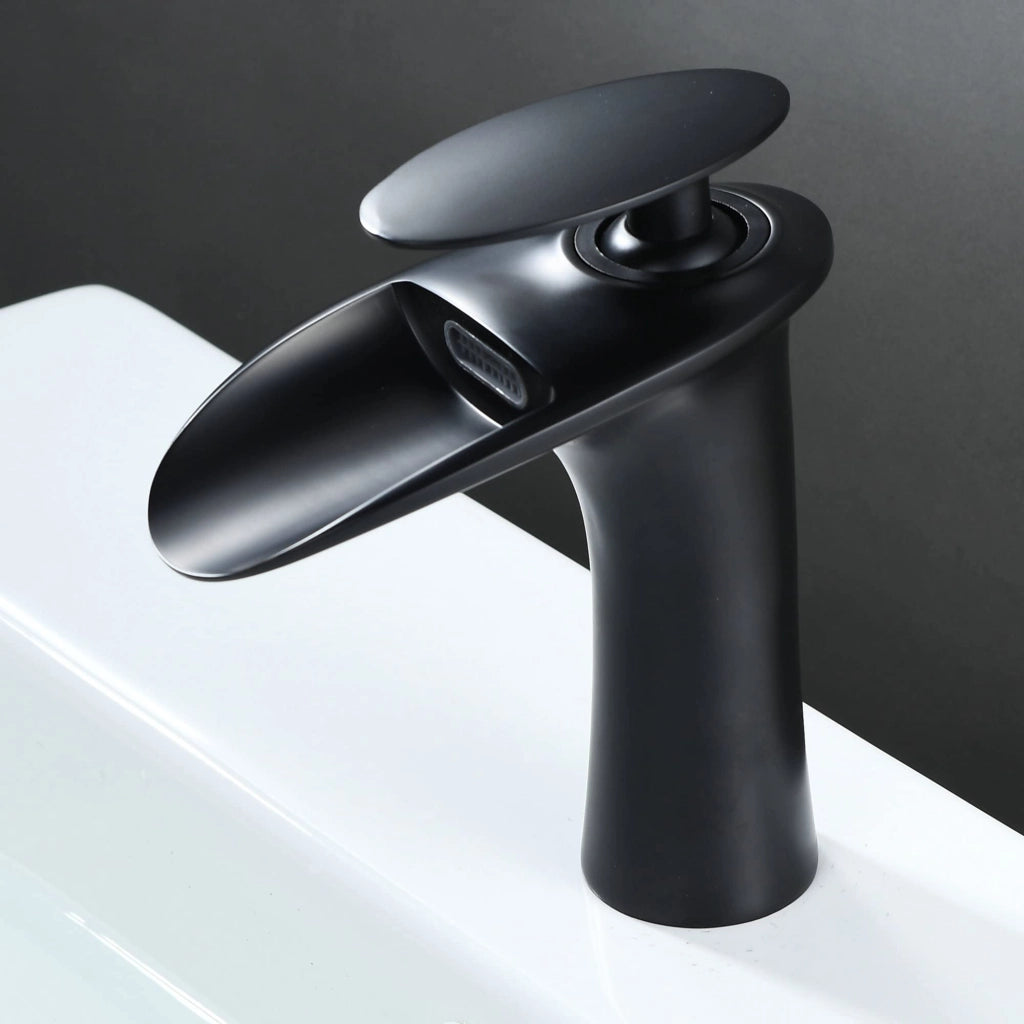 Miscelatore per lavabo a cascata, nero, in ottone, per acqua calda e fredda