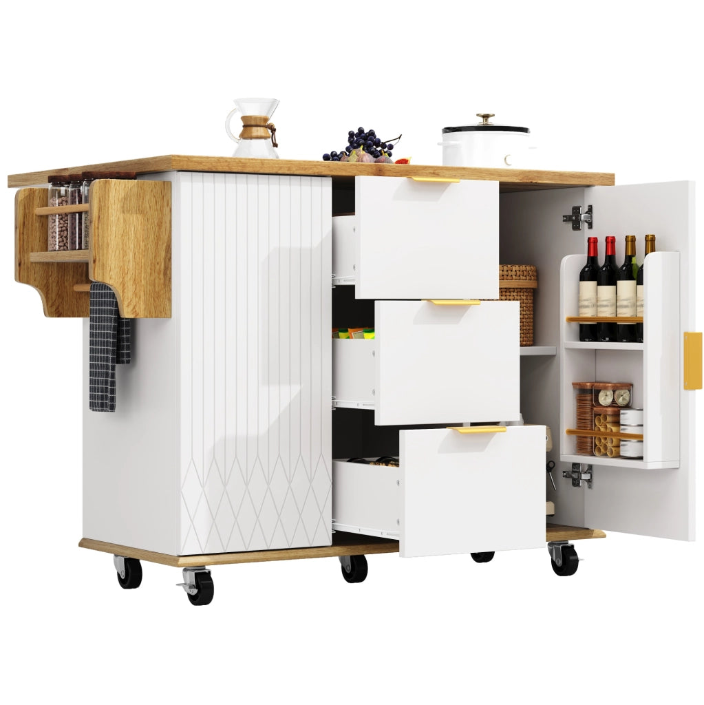 Carrello cucina mobile bianco effetto legno con piano di lavoro estraibile, prese elettriche e ruote, 134x46/74x88 cm
