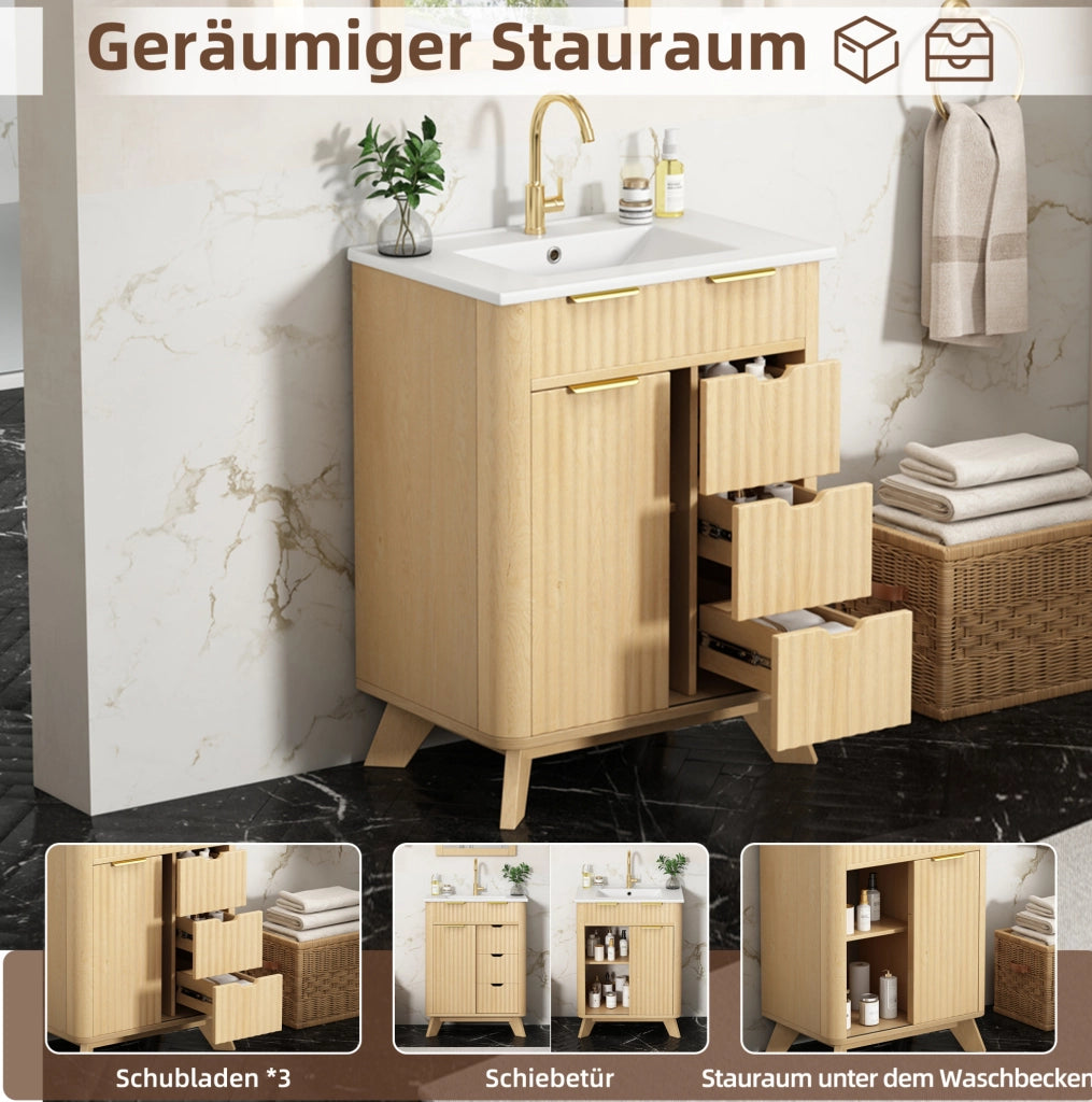 Mobile bagno 61 cm con lavabo in ceramica, 3 cassetti e anta scorrevole in MDF finitura legno naturale con motivo a onde