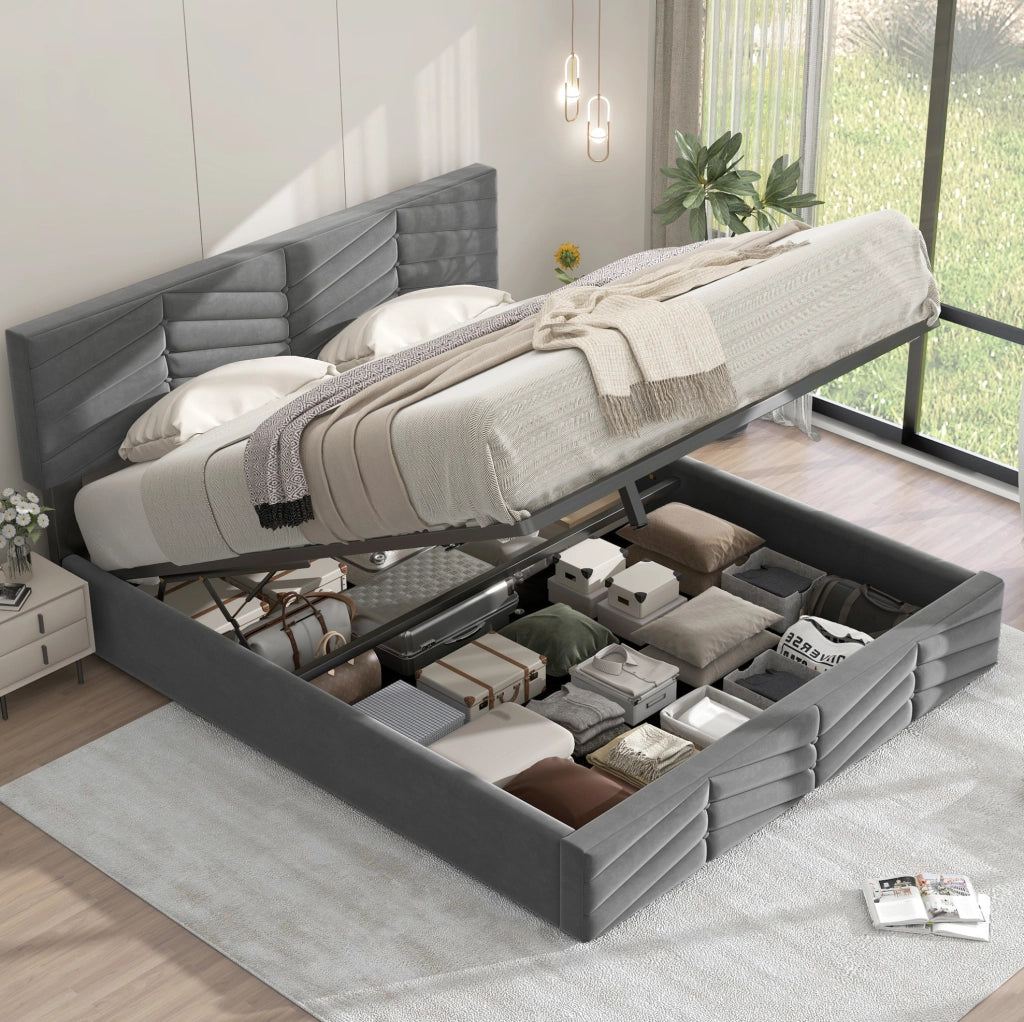 Letto matrimoniale imbottito 140x200 cm in velluto grigio con testiera regolabile e contenitore idraulico