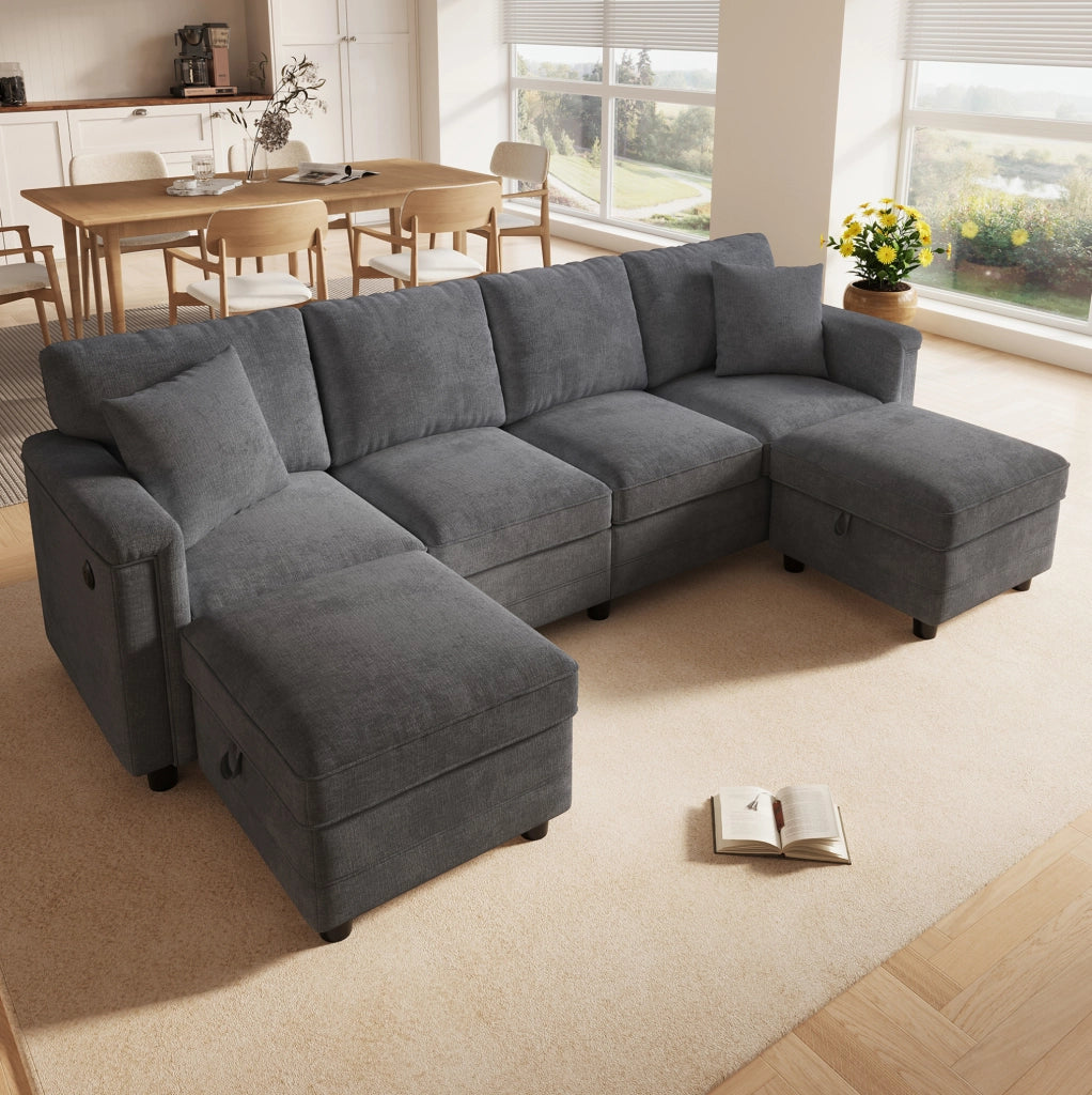 Divano modulare in ciniglia grigio con due pouf contenitore