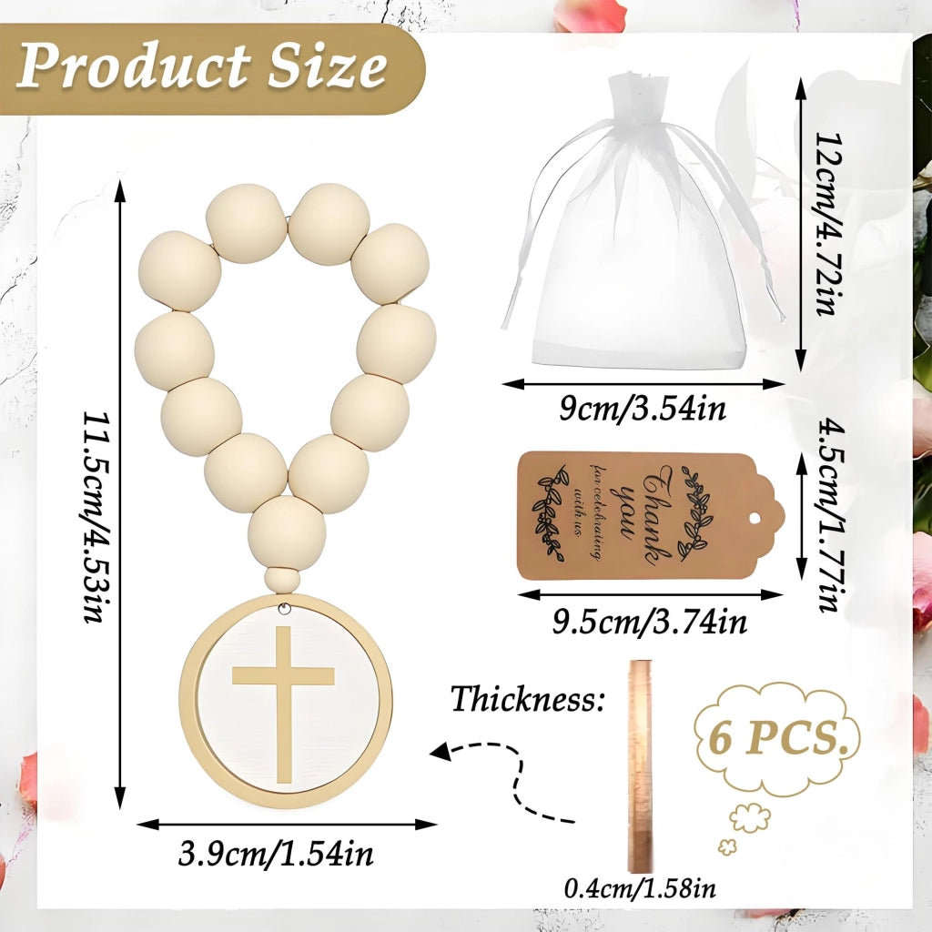 Rosario in legno con crocifisso e sacchetto di organza, set da 6, cattolico, per battesimo, comunione e cresima