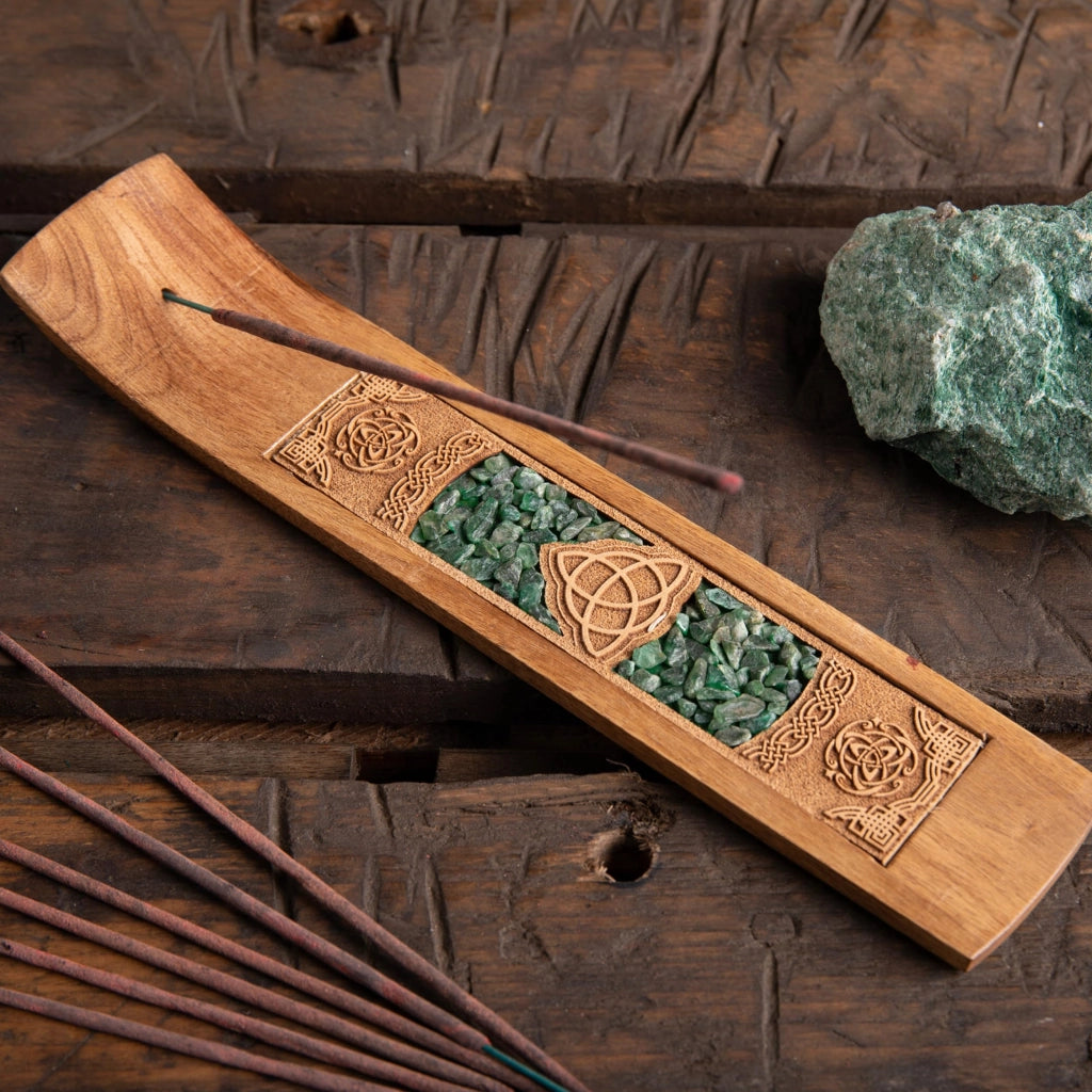 Portacenere per bastoncini profumati, motivo celtico, avventurina, 26x5 cm, legno