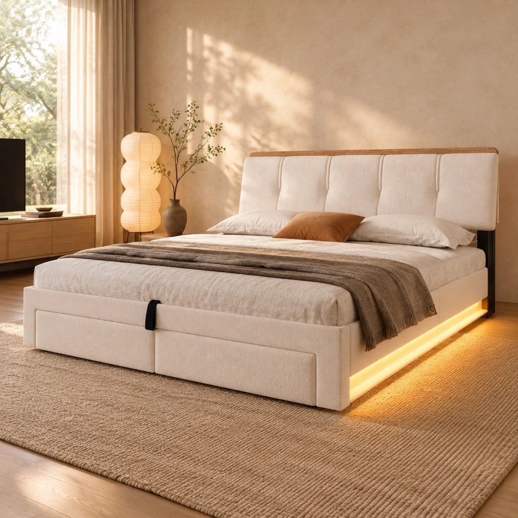 Letto contenitore imbottito 140x200 beige in lino con LED e USB-C, materasso incluso