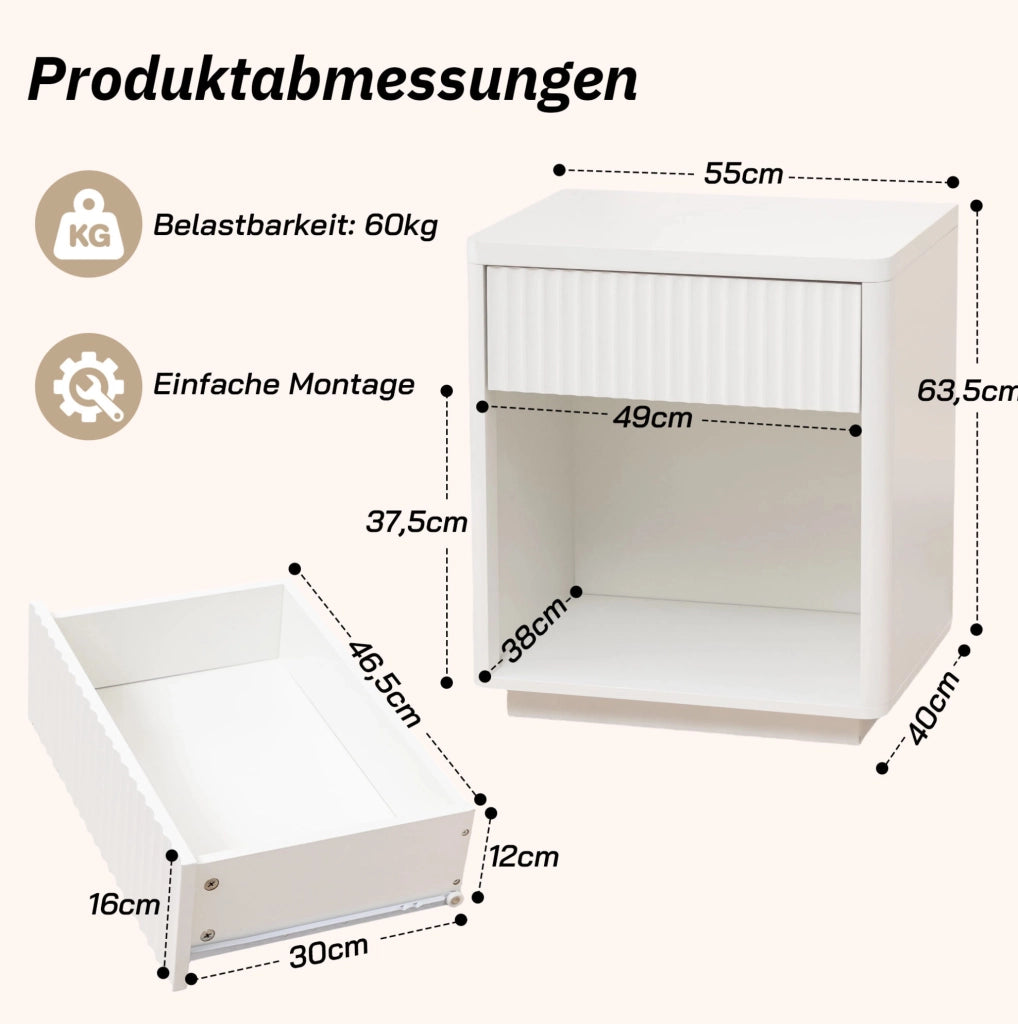 Comodino con Cassetto e Ripiano Aperto in Legno, Design Moderno con Pannello a Increspatura, 63,5x38x46,5 cm