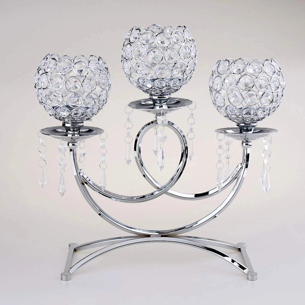 Candeliere a tre bracci, in cristallo e metallo, altezza 36 cm, color argento, per candele votive